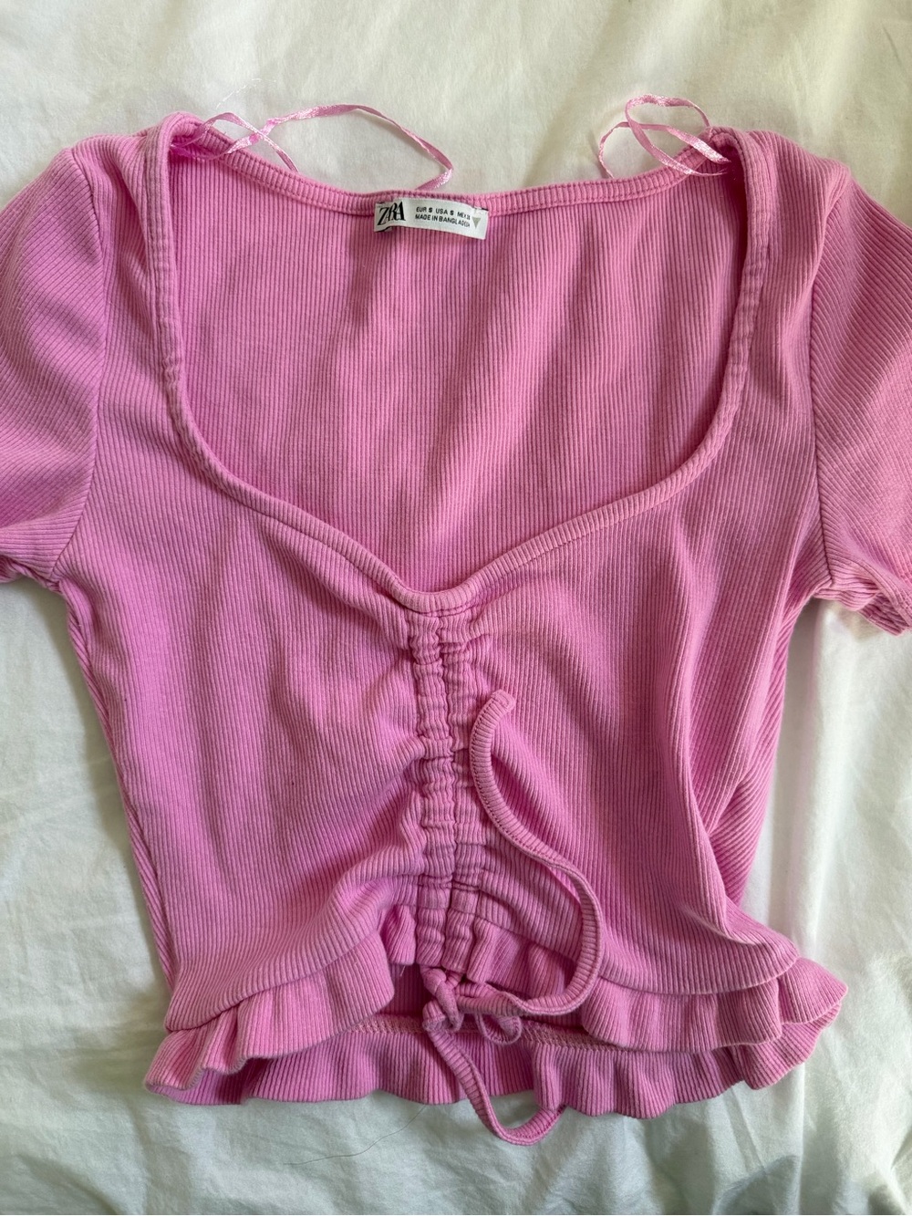 Zara Kids Ribbed Pink Cinch-Front Ruffle Tee